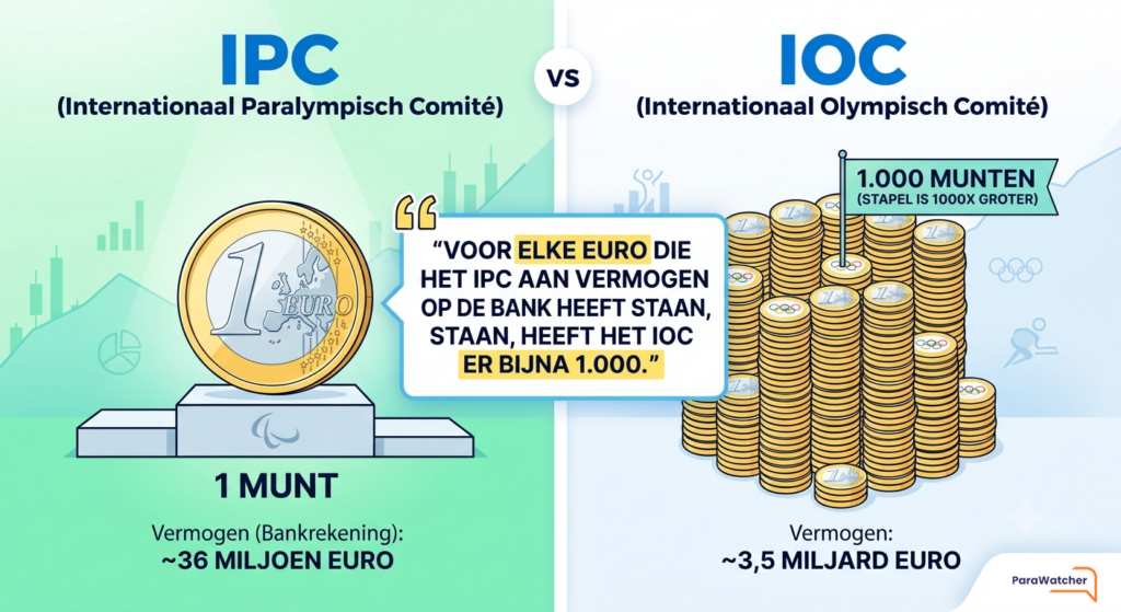 Infographic van ParaWatcher die het enorme verschil in vermogen laat zien tussen het IPC (36 miljoen euro) en het IOC (3,5 miljard euro) voor een startpremie aan sporters.